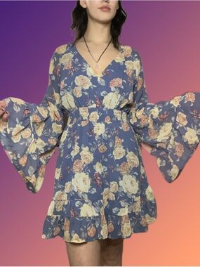 Forever 21 Blue Floral V-Neck Mini Dress with Bell Sleeves